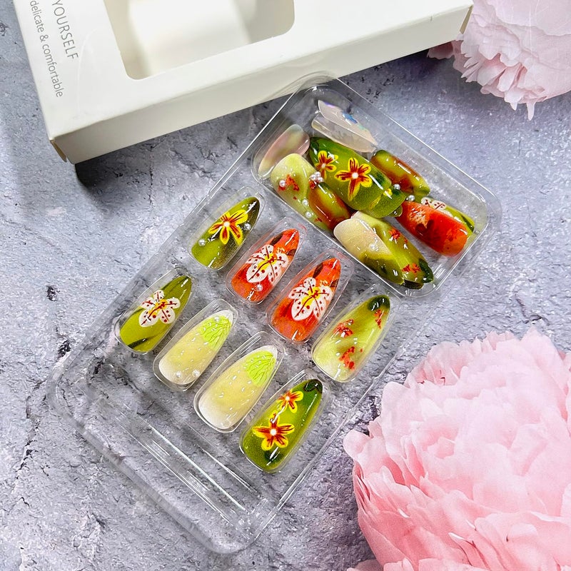 CJDLTS 3D Ripple Flower Press on Nails Almond Shaped with Pearl Design Medium Acrylic False Nail Full Cover Press Ons Floral Stick on Nail Green Smudge French Glue on Nails for Women 24Pcs - Image 4